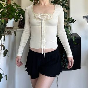 🤍Cream Milkmaid Lace Trim Long Sleeve Y2K Top🤍
